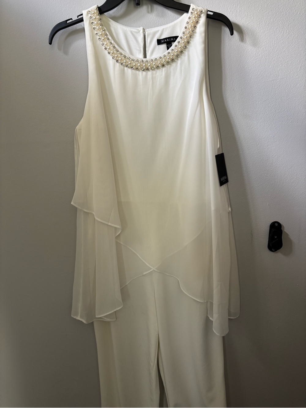 MARINA Ivory Strapless Pantsuit with Pearl-Trim Neckline